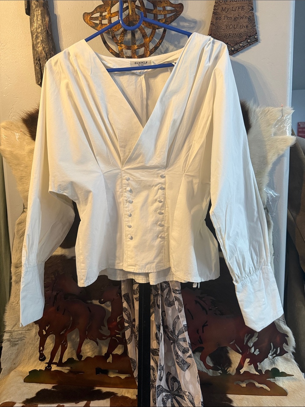 V-Neck Button-Front Peplum Blouse in Cream by Unknown Brand